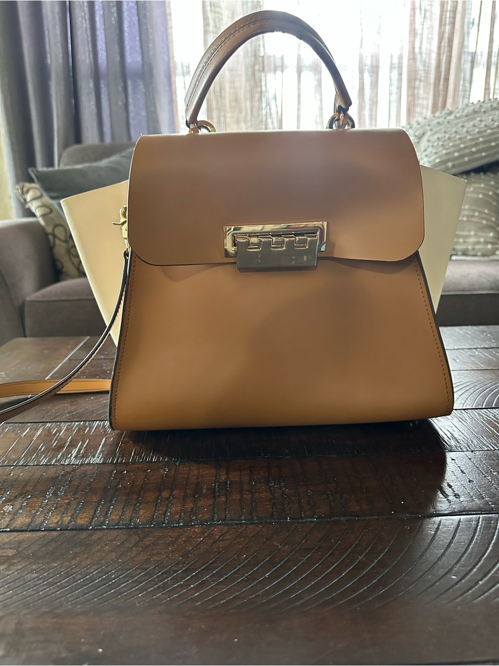 Zac Posen Brown and White Structured Top-Handle Satchel